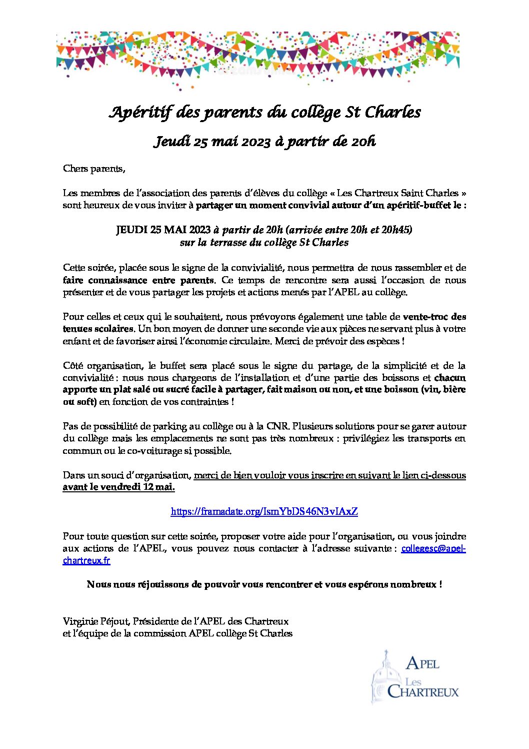 Apéritif des parents de Saint Charles le 25 mai 2023